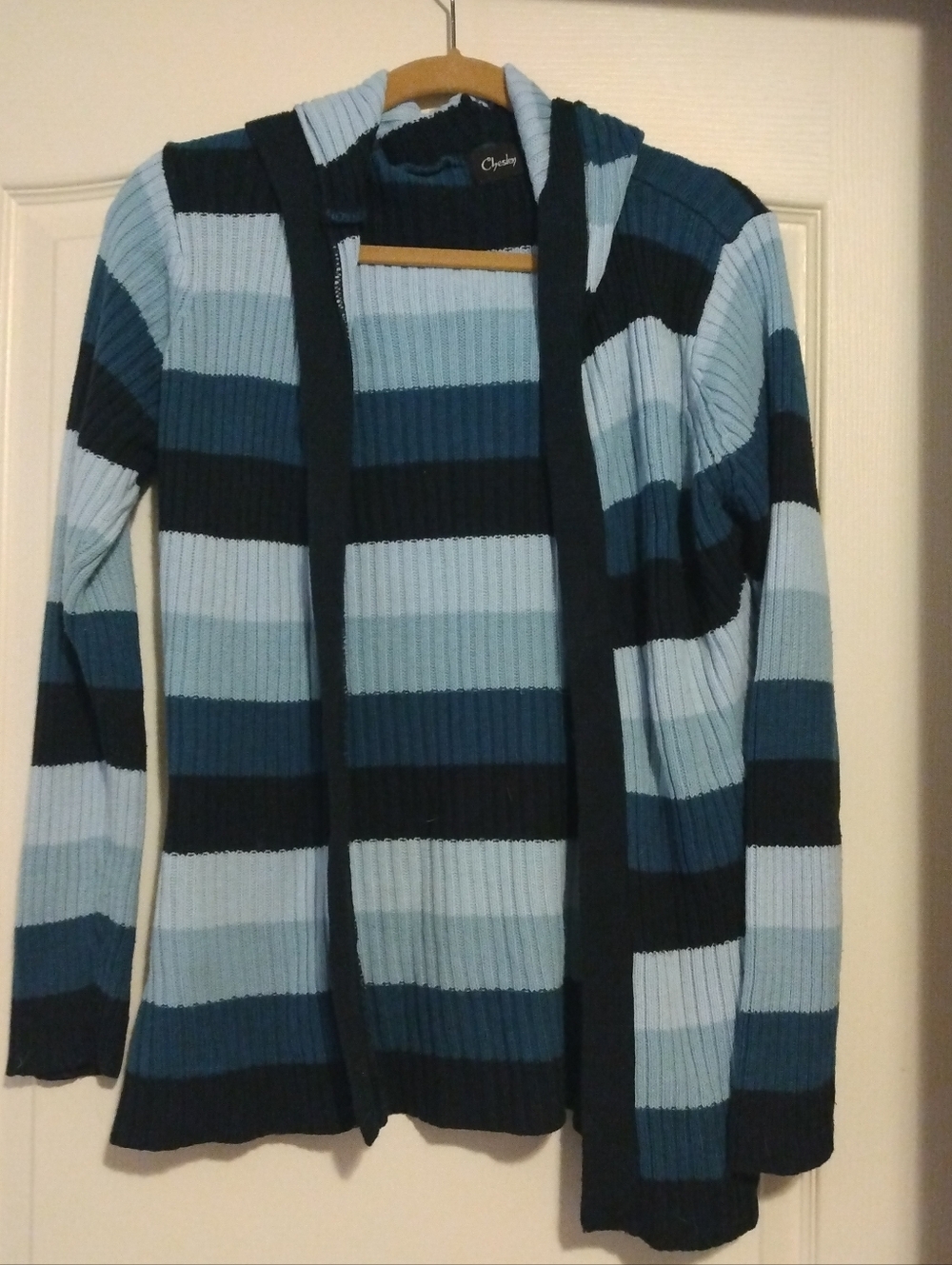 Chesley Shades Of Blue Striped Open Front Knit Hooded Cardigan sz Large